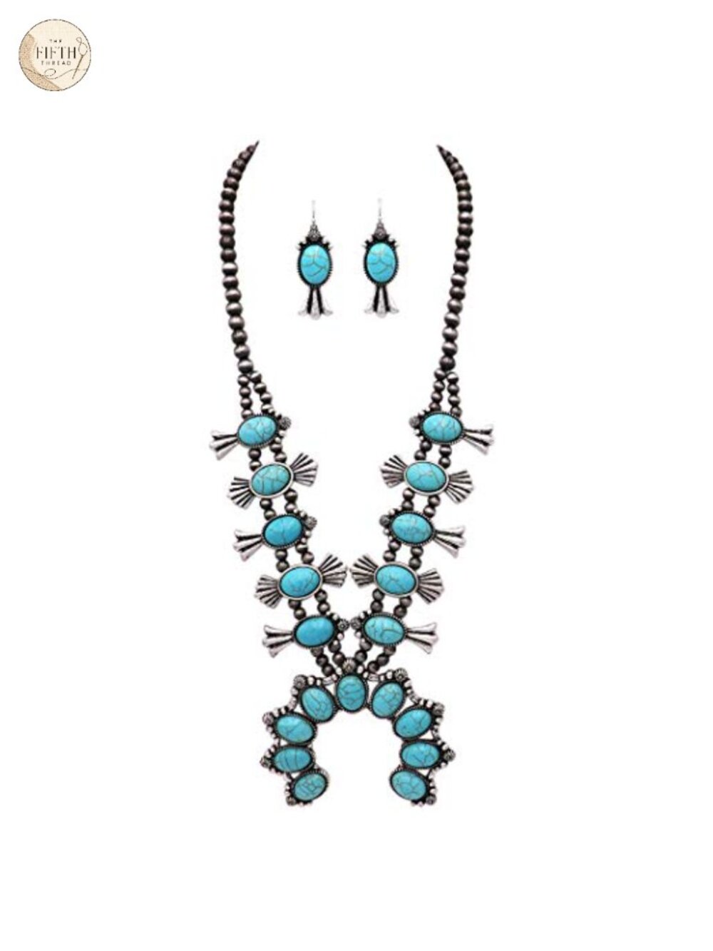 Squash Blossom Necklace Earrings Set Howlite Navajo Western Silver-Tone